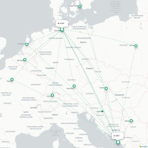 Mapa de vuelo directo Hamburgo - Dubrovnik