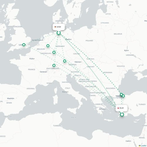 Mapa de vuelo directo Hamburgo - Dalaman