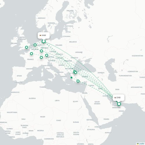 Mapa de vuelo directo Hamburgo - Dubái