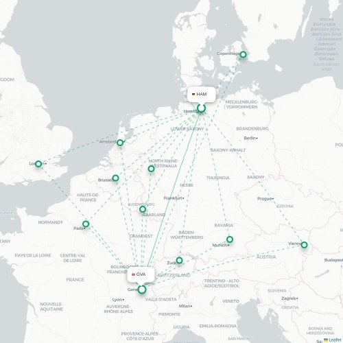 Mapa de vuelo directo Hamburgo - Ginebra