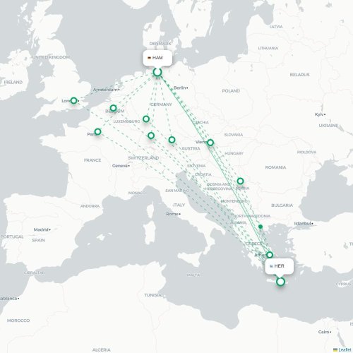 Mapa de vuelo directo Hamburgo - Heraclión