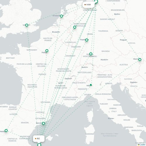 Mapa de vuelo directo Hamburgo - Ibiza