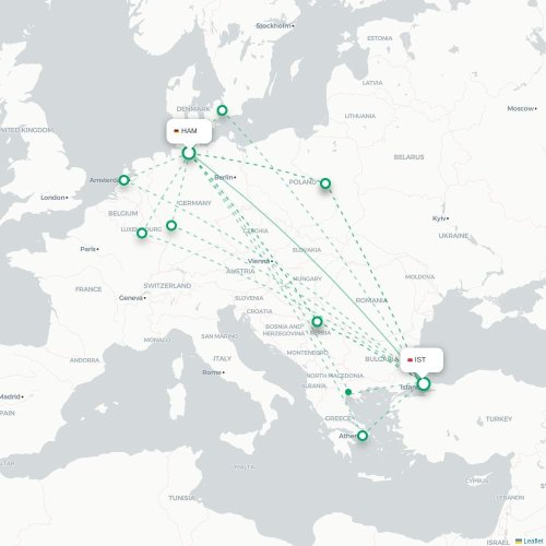 Mapa de vuelo directo Hamburgo - Estambul