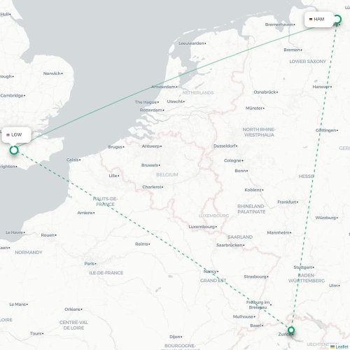 Mapa de vuelo directo Hamburgo - Londres