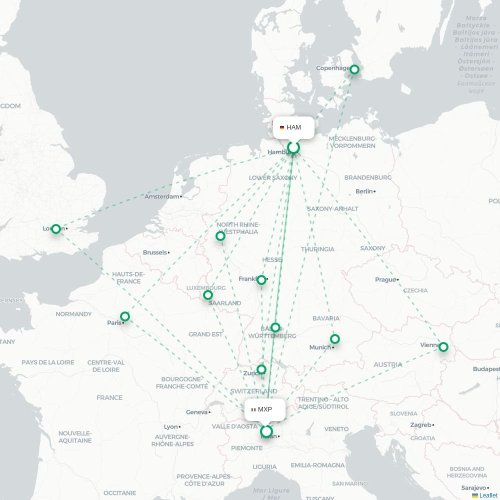 Mapa lotu bezpośredniego Hamburg – Mediolan