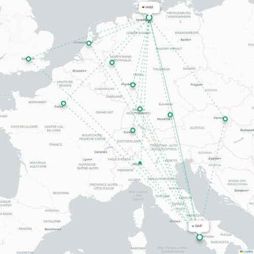 Mapa lotu bezpośredniego Hamburg – Neapol