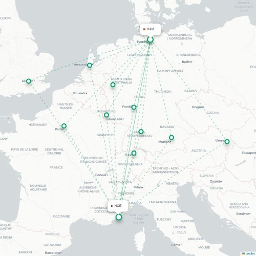 Mapa de vuelo directo Hamburgo - Niza