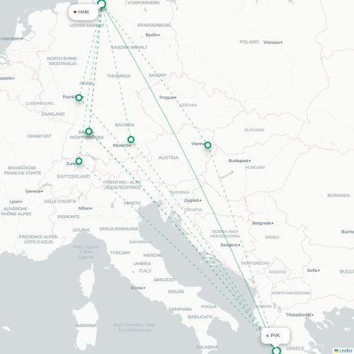 Mapa de vuelo directo Hamburgo - Preveza