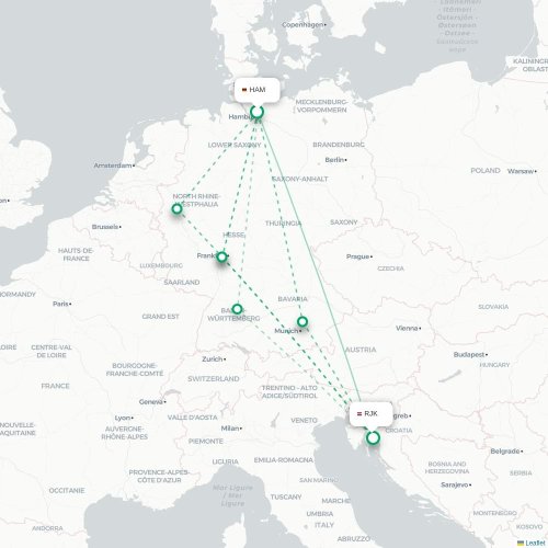 Mapa lotu bezpośredniego Hamburg – Rijeka