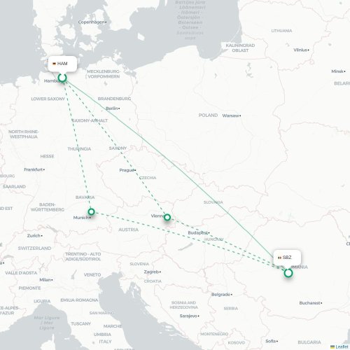 Mapa de vuelo directo Hamburgo - Sibiu