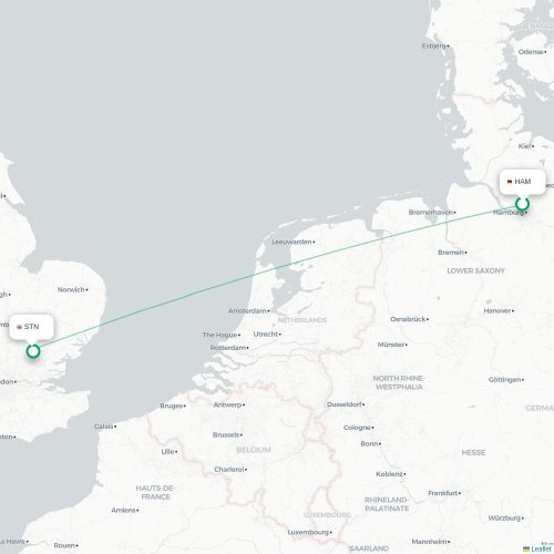 Mapa de vuelo directo Hamburgo - Londres