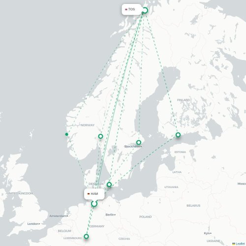 Mapa de vuelo directo Hamburgo - Tromso