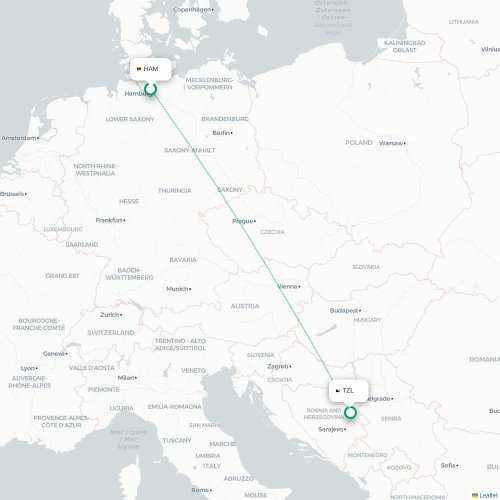 Mapa de vuelo directo Hamburgo - Tuzla