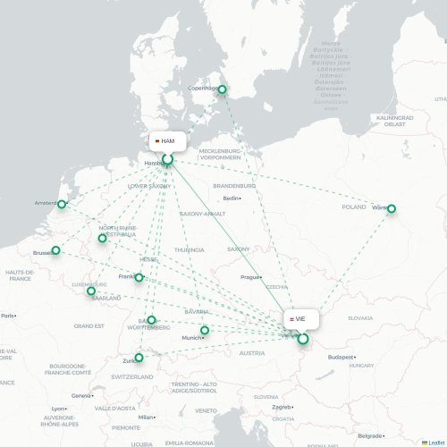 Mapa lotu bezpośredniego Hamburg – Wiedeń