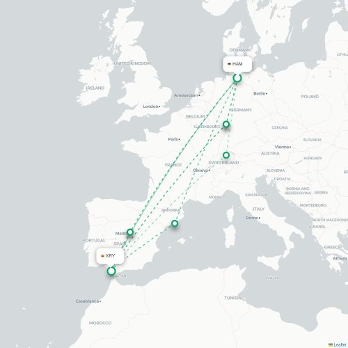 Mapa de vuelo directo Hamburgo - Jerez de la Frontera