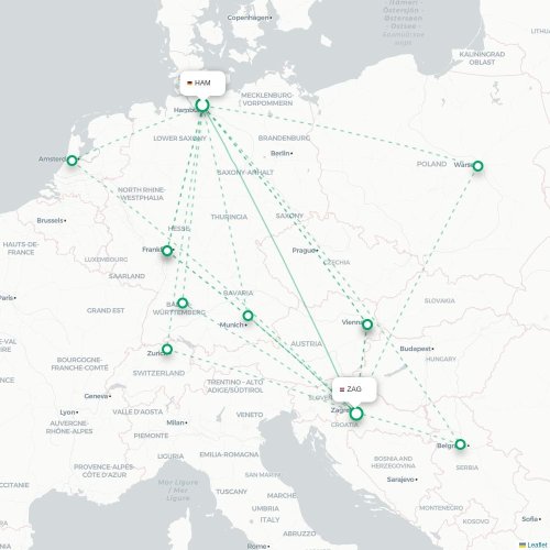 Mapa de vuelo directo Hamburgo - Zagreb