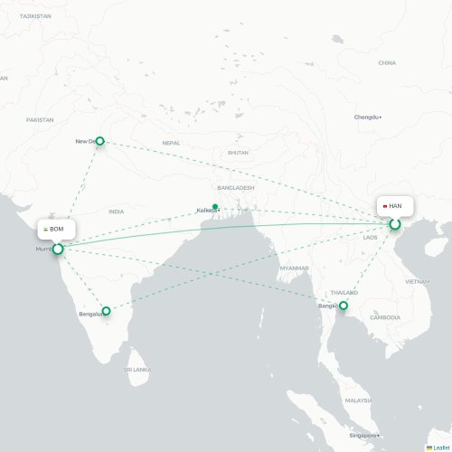 Mapa lotu bezpośredniego Hanoi – Mumbaj