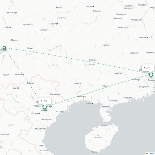 Mapa lotu bezpośredniego Hanoi – Kanton