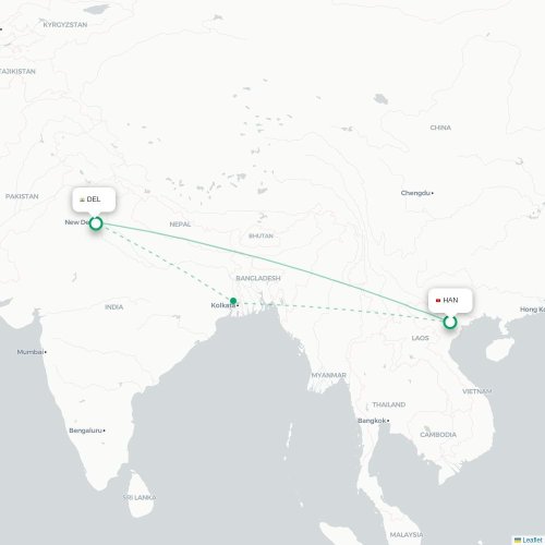 Mapa lotu bezpośredniego Hanoi – Nowe Deli