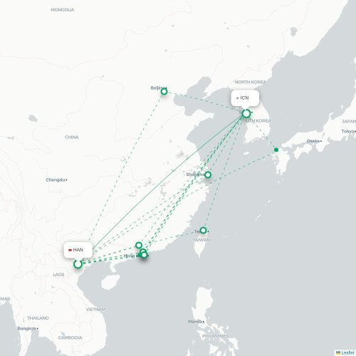 Mapa lotu bezpośredniego Hanoi – Inczhon