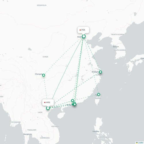 Mapa lotu bezpośredniego Hanoi – Pekin