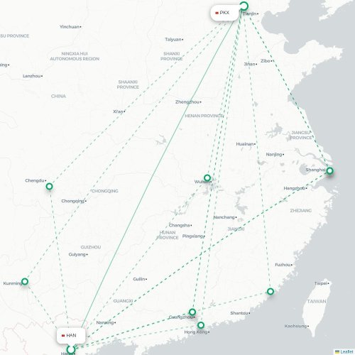 Mapa lotu bezpośredniego Hanoi – Pekin