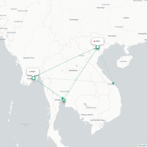 Mapa lotu bezpośredniego Hanoi – Rangun