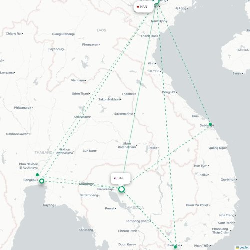 Mapa lotu bezpośredniego Hanoi – Siem Reap