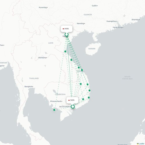 Mapa lotu bezpośredniego Hanoi – Ho Chi Minh