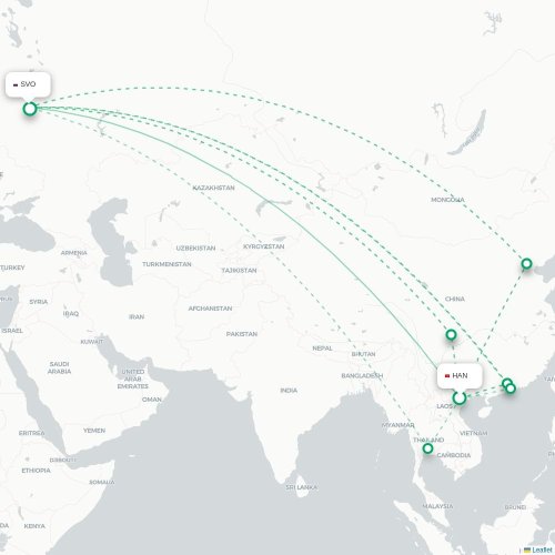 Mapa lotu bezpośredniego Hanoi – Moskwa