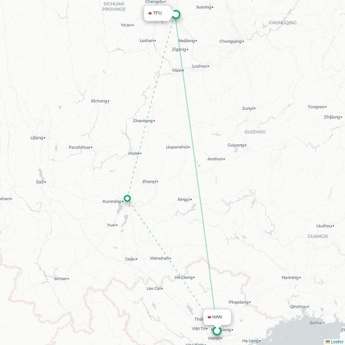 Mapa lotu bezpośredniego Hanoi – Chengdu