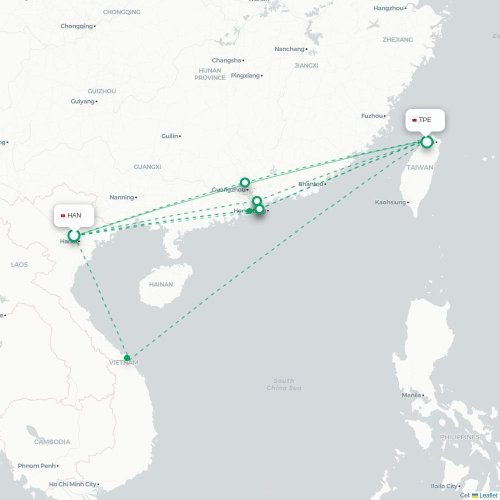 Mapa lotu bezpośredniego Hanoi – Tajpej