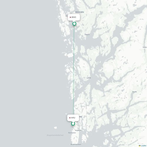 Mapa de vuelo directo Haugesund - Bergen