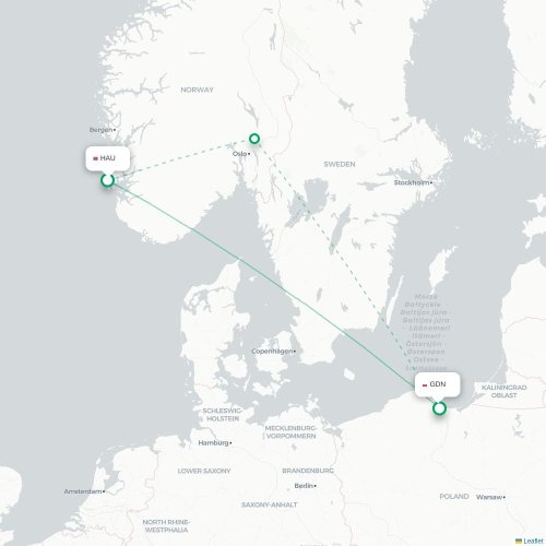 Mapa de vuelo directo Haugesund - Gdansk