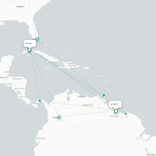Mapa lotu bezpośredniego Hawana – Georgetown