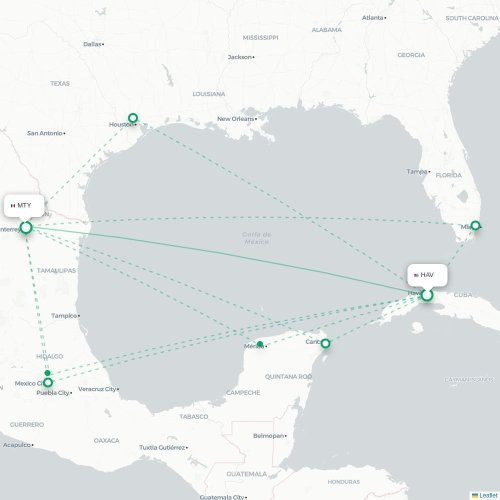 Mapa lotu bezpośredniego Hawana – Monterrey