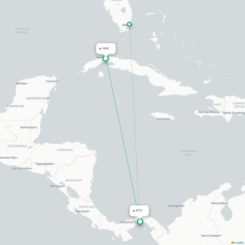 Havana - Panama-stad kaart van rechtstreekse vlucht