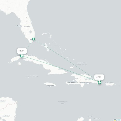 Mapa lotu bezpośredniego Hawana – Punta Cana