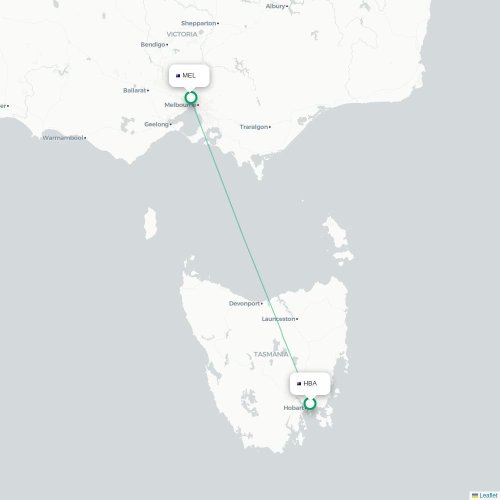 Mapa lotu bezpośredniego Hobart – Melbourne