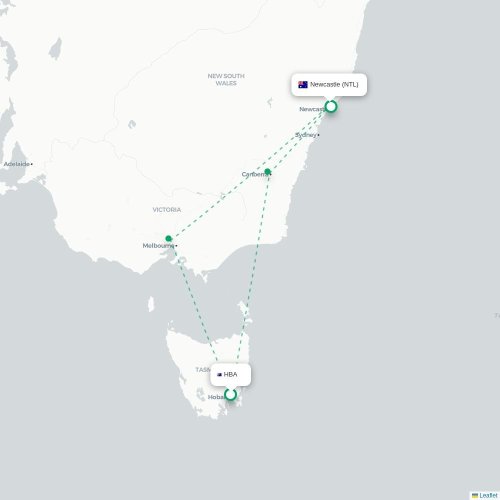 Mapa lotu bezpośredniego Hobart – Newcastle
