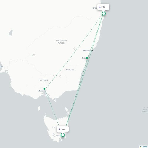 Mapa lotu bezpośredniego Hobart – Coolangatta