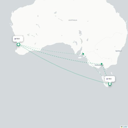Mapa lotu bezpośredniego Hobart – Perth Zachodnia