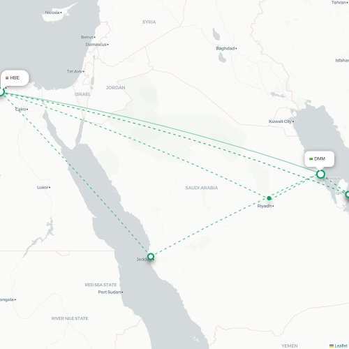 Mapa de vuelo directo Alejandría - Dammam