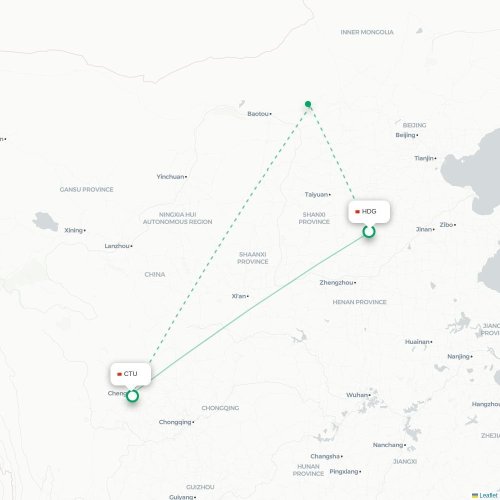 Mapa de vuelo directo Handan - Chengdu