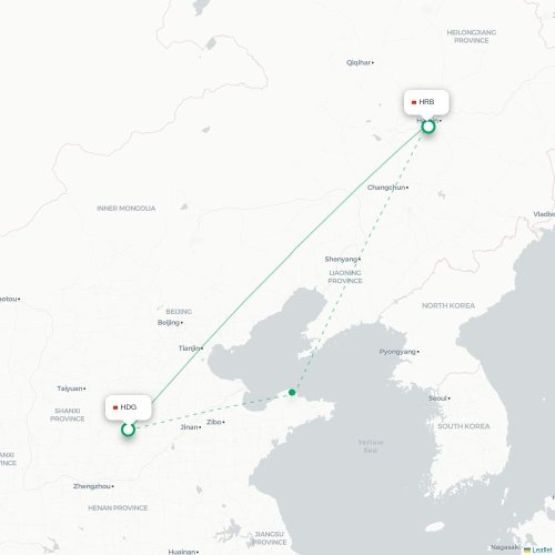 Mapa de vuelo directo Handan - Harbin