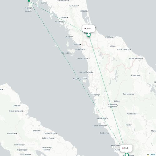 Mapa de vuelo directo Hat Yai - Kuala Lumpur