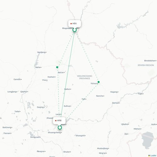 Mapa lotu bezpośredniego Heihe – Harbin