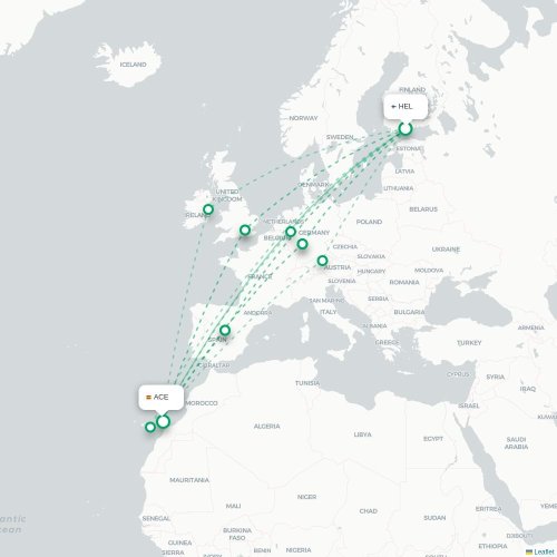Mapa de vuelo directo Helsinki - Arrecife