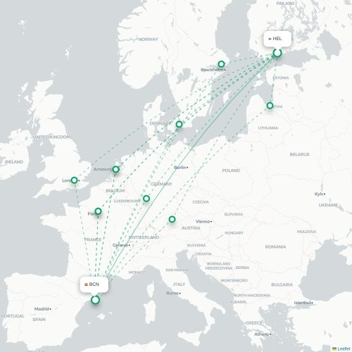 Mapa de vuelo directo Helsinki - Barcelona