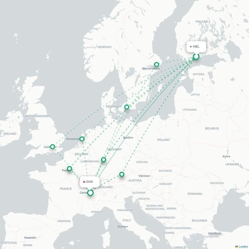 Mapa de vuelo directo Helsinki - Ginebra